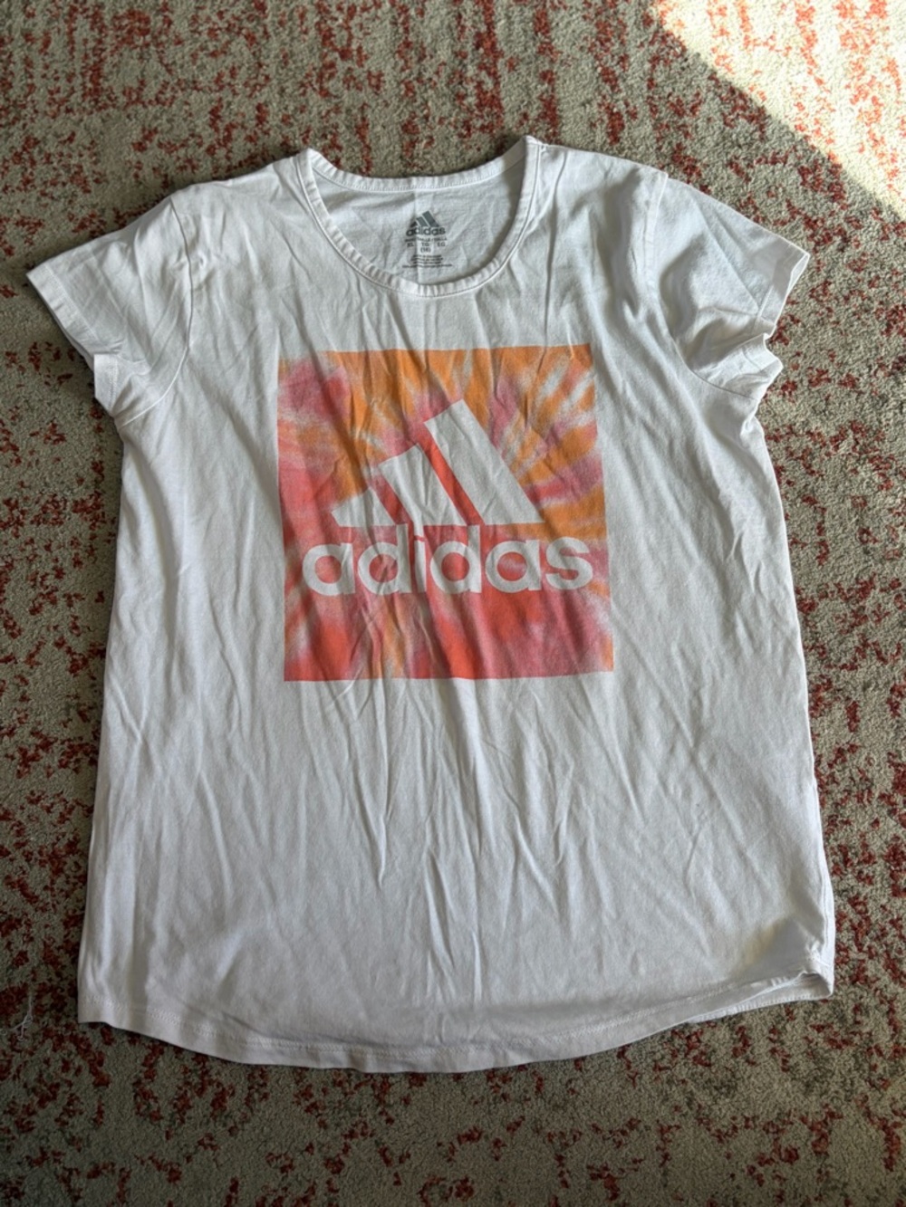 Adidas Girl’s White Graphic Logo Tee with Orange-Pink Square